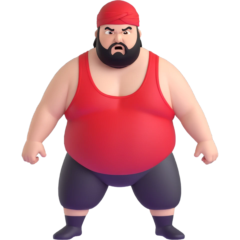 Extreme close-up of face of morbidly obese white skin guy with young face, prominent BLACK DURAG tied clearly on head, black beard but no mustache, clean shaven upper lip, black eyes in a red and black wrestling singlet with angry expression emoji