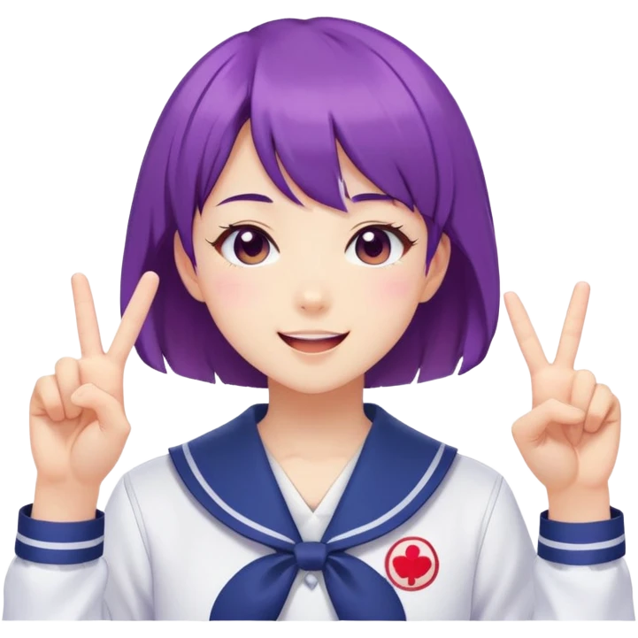 Energetic anime girl with short purple hair wearing Japanese sailor style school uniform, winking and making double peace signs, very cheerful and bubbly, kawaii style emoji