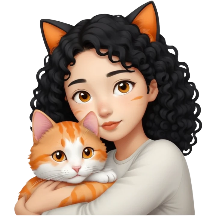 Asian girl with curly black hair and the cat is lying on her shoulder, cat is mostly white with orange markings, tender moment emoji