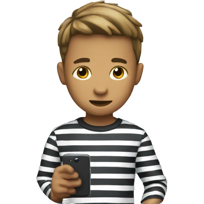 boy in striped shirt holding phone emoji
