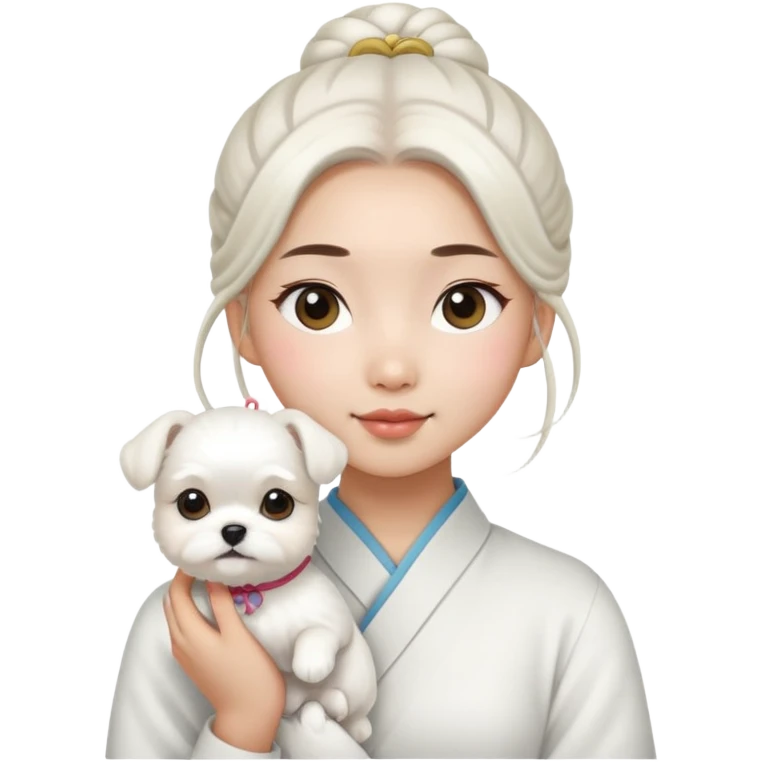 Asian girl with a hair bun holding a white Maltese emoji