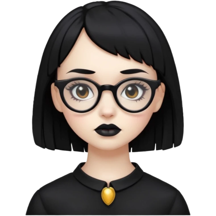 Faça uma moça de cabelo preto micro franja e pálida e com maquiagem gótica pesada olhos castanhos escuro e óculos  emoji