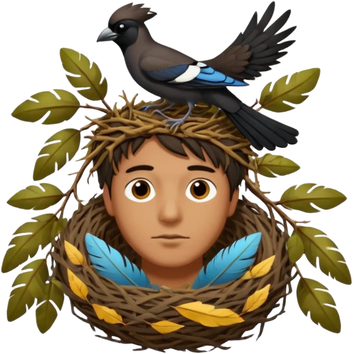 A man who has a magpie birds nest on top of his head for hair emoji