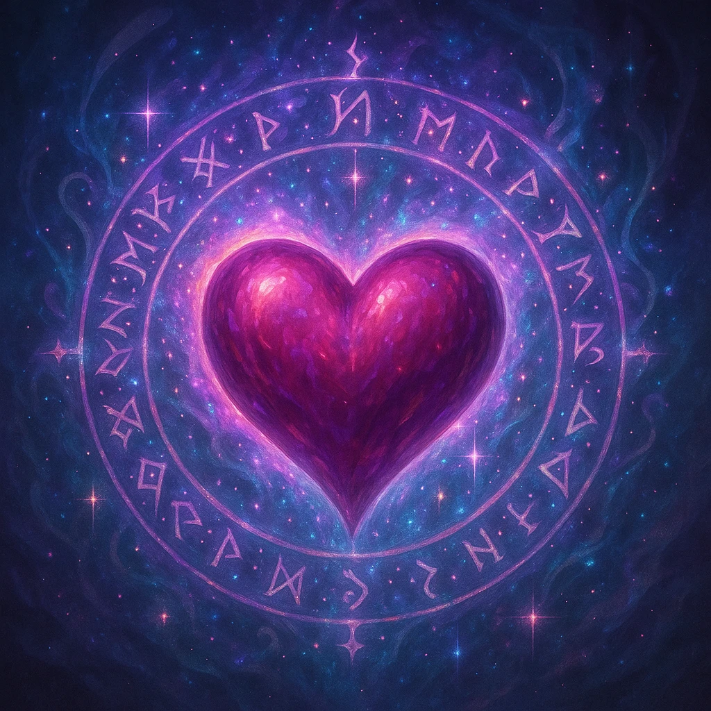 heart in a fantasy style, surrounded by mystical runes, ethereal colors, sparkling effects emoji