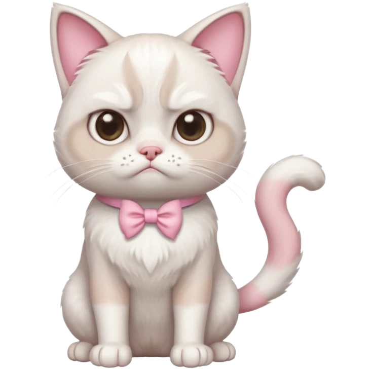 A White grumpy cat with light pink ears and paws and with a bow around its neck. The cat shall be on two legs emoji