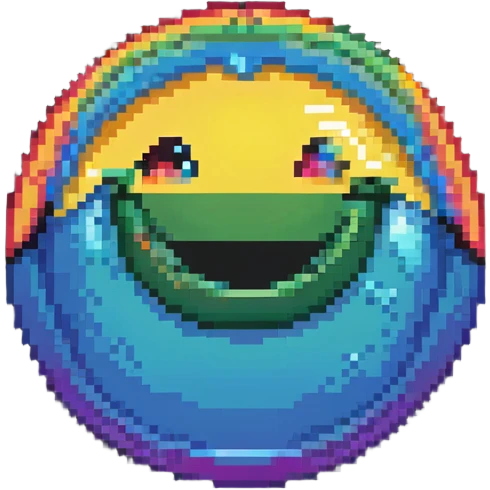 planet with rainbow gradient surface and a big happy smile emoji