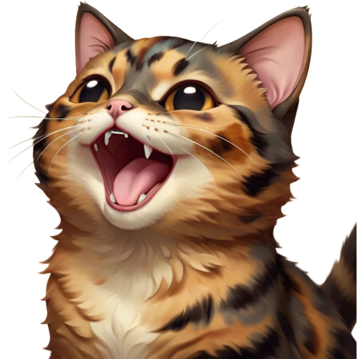 Cinematic Cute Yawning Tortoiseshell Cat Portrait Emoji, Head slightly tilted with a wide, adorable yawn and half-closed, dreamy eyes, featuring a warm, mottled fur of rich browns and blacks, simplified yet irresistibly cute, highly detailed, glowing with a soft, slumbering radiance, high shine, exuding a relaxed, drowsy charm, styled with a gentle, soft glowing outline, capturing the essence of a tortoiseshell cat in a precious moment of sleepy delight! emoji