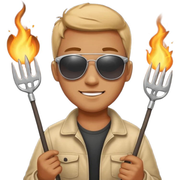A guy in sunglasses holding tongs, proudly turning skewers over glowing charcoal. emoji