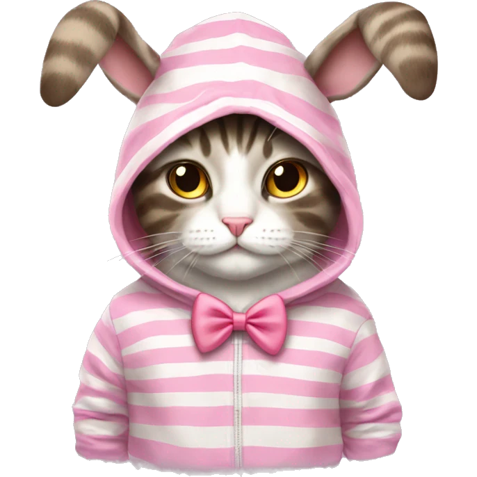stripes cat IN a bunny HOODIE with pink bow tie emoji