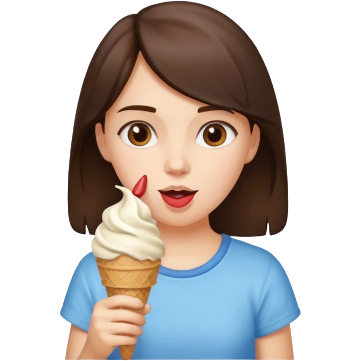 A brunette girl eating an icecream emoji