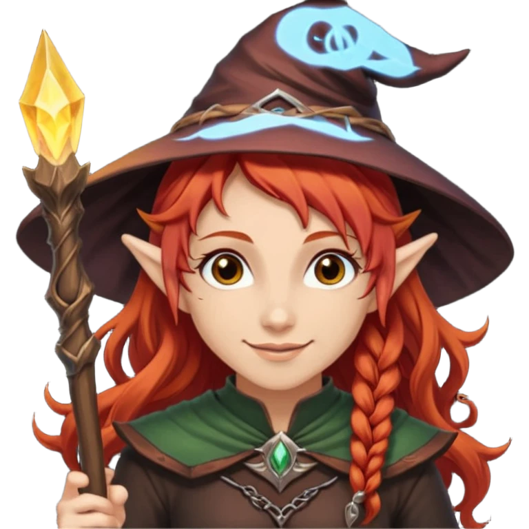 Bruxa meio elfa, ruivo forte (acobreado puxado pro castanho escuro) olhos escuros, e sorrindo 🧝🏻‍♀️ nesaa pegada desse emoji ai, e branca não muito branca tbm emoji