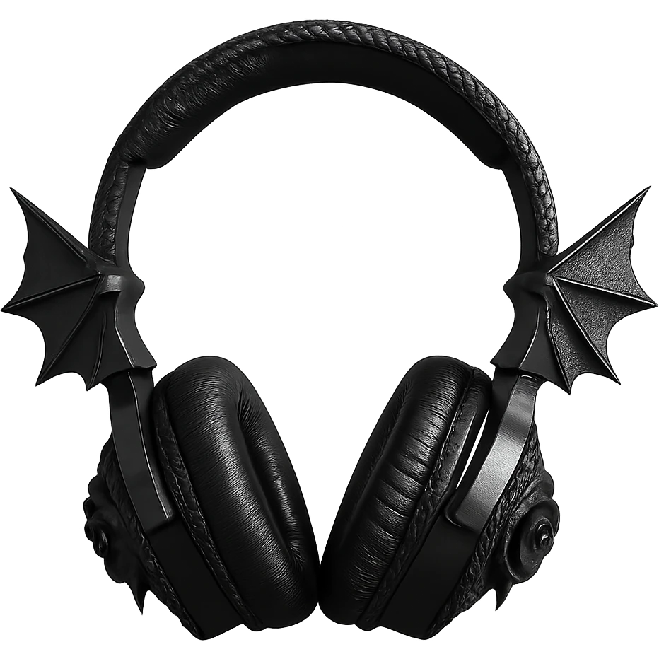 Remove the background, keep only the realistic black gothic headphones with bat wing details, lace trim, and dark roses, photorealistic style, with no background. emoji