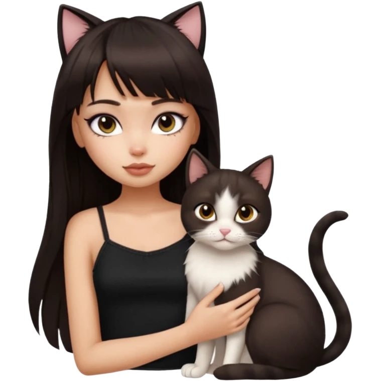 generate a pretty bratz girl in black cami top, dark brown straight long hair with bangs, eyeliner on, cuddling a cat emoji