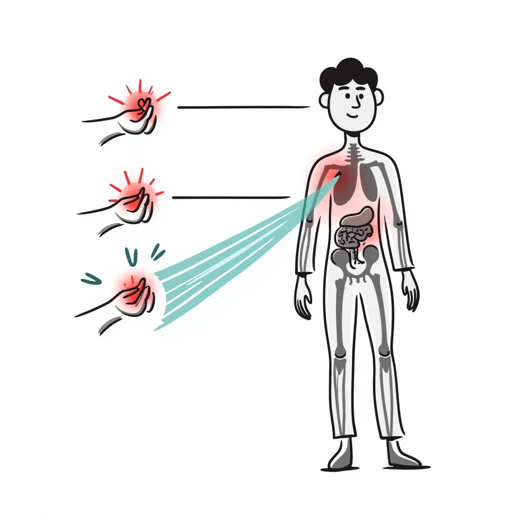 Anti-inflammatory process medical diagram: transparent human body with glowing joints and organs, blue-green healing energy waves neutralizing red inflammation spots, clinical aesthetic with soft lighting and futuristic background emoji
