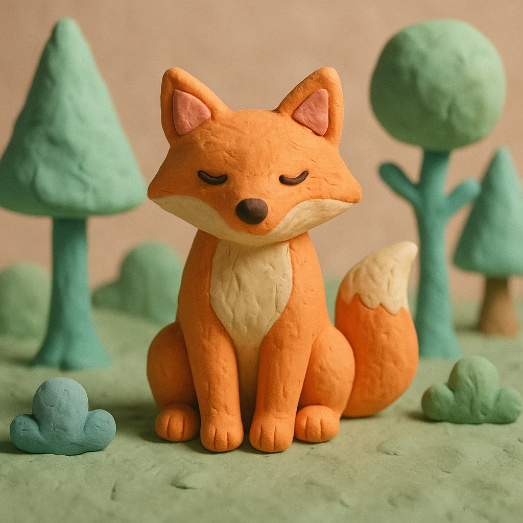 fox sitting in a forest, pastel colors, visible fingerprints, playful and textured, claymation style emoji