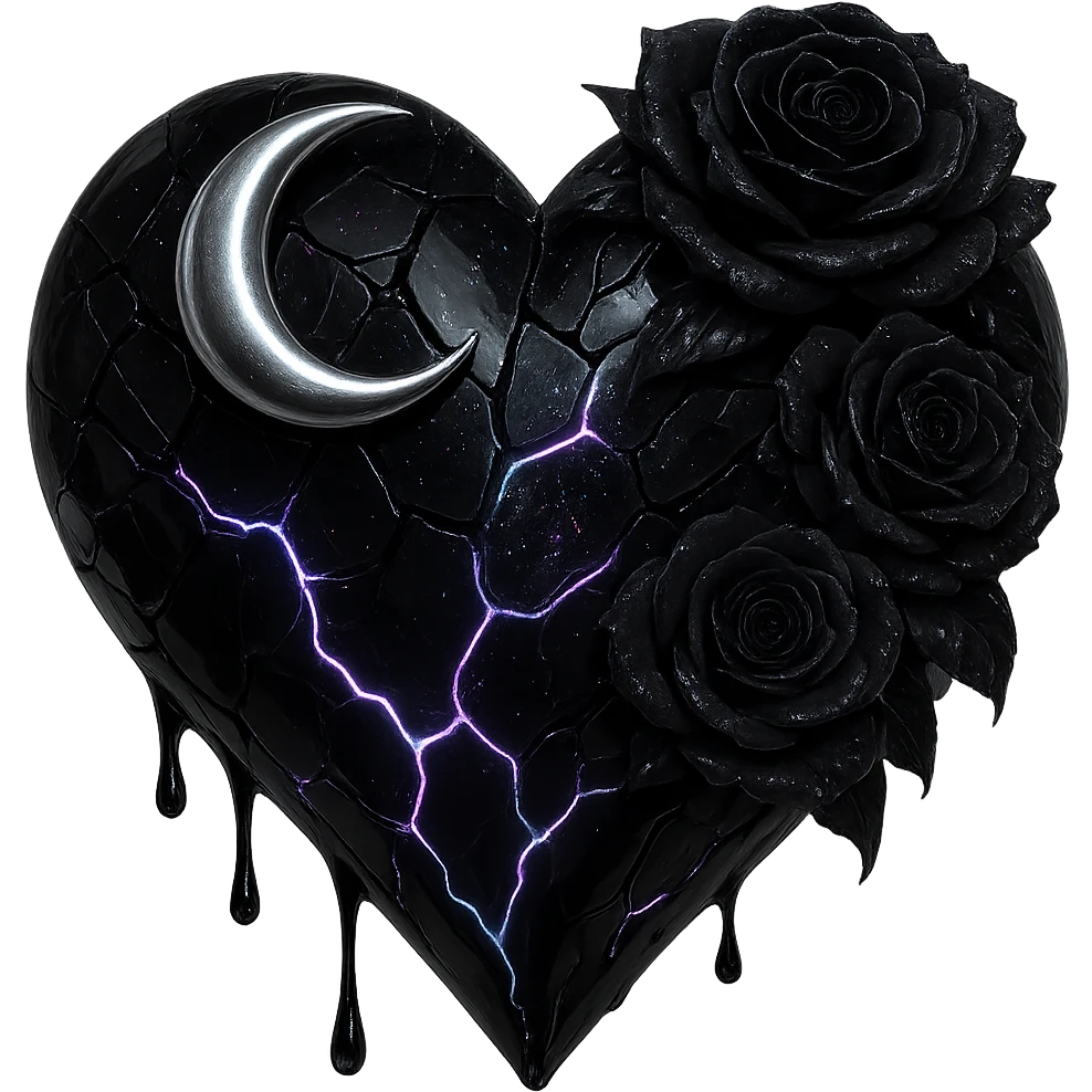 Edit the gothic heart to use fractured deep black glass, silver crescent moon, black roses, iridescent holographic stardust, neon lightning bolts, and a wet, shiny finish. Keep the background transparent. emoji
