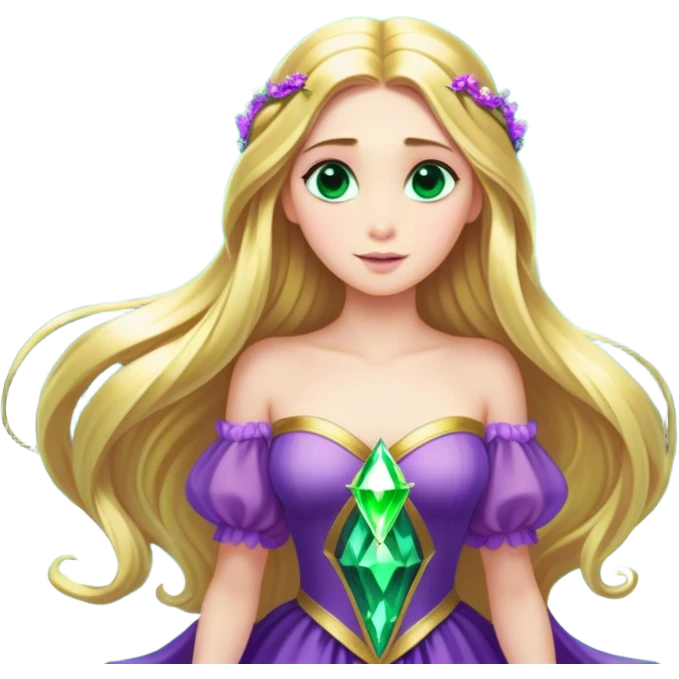 Cinematic Stunning Rapunzel Portrait Emoji, Golden hair cascading in a luminous waterfall, big emerald-green eyes full of wonder, wearing her iconic purple gown, radiating beauty and magic, glowing with fairy-tale charm! emoji