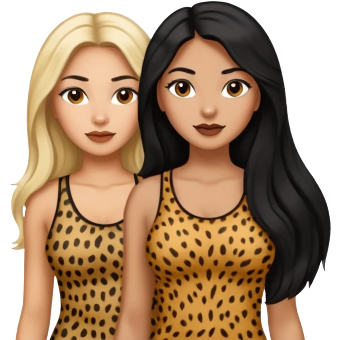 Tan Latina woman with long black hair chubby and dark skinned woman with long blonde hair slim thick in cheetah top sexy emoji