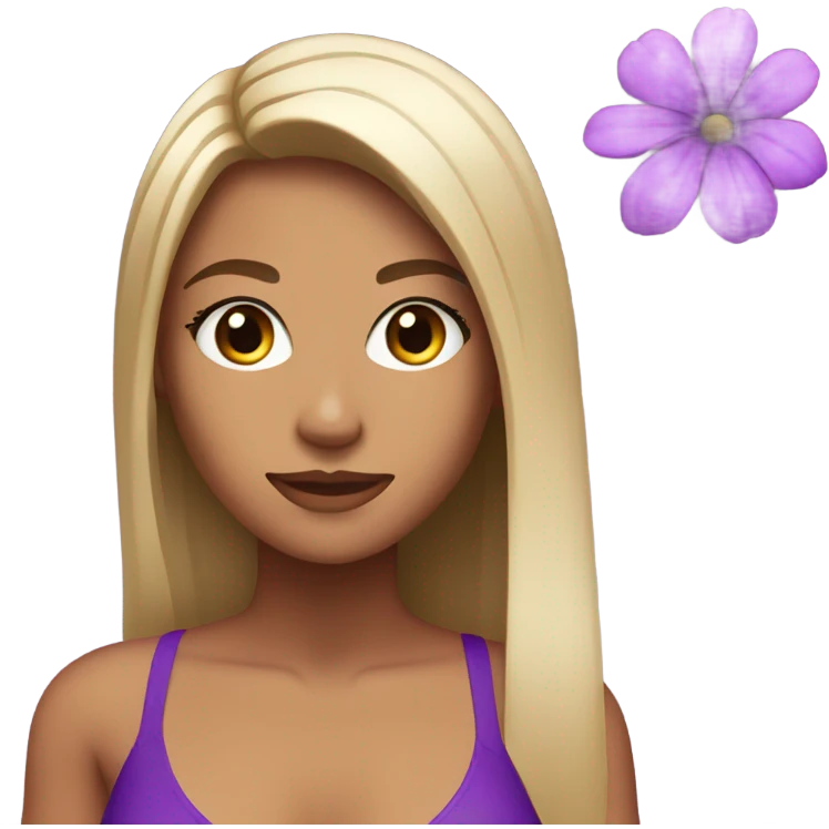 Girl with straight hair and brown eyes super tan in a purple bikini with a purple flower in her hair emoji