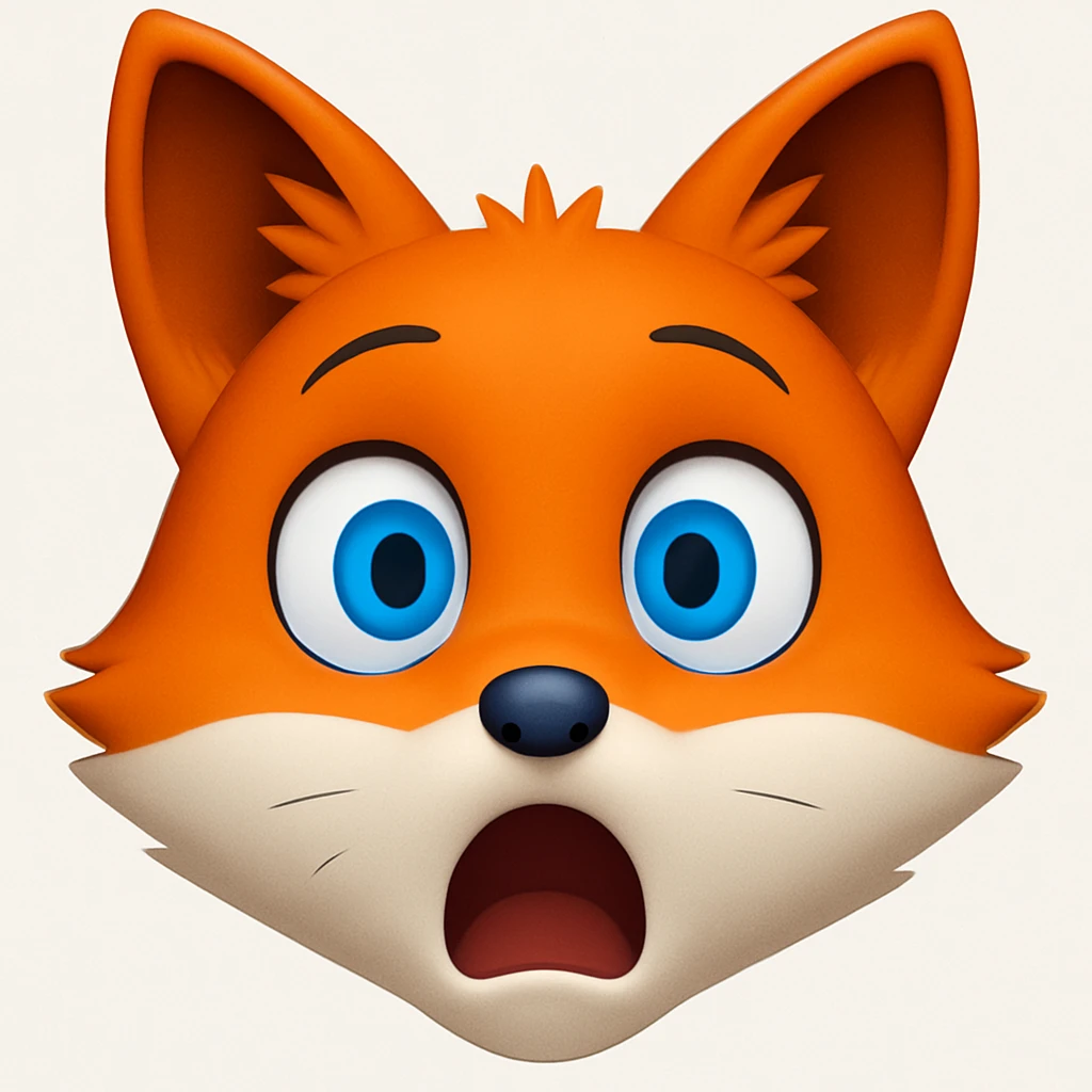 A 2D cartoon fox emoji with a surprised expression, wide eyes and open mouth, with blue eyes. emoji