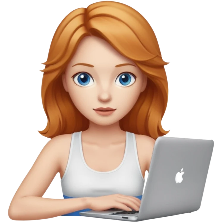 Strawberry blonde woman with blue eyes and white tank and  laptop emoji