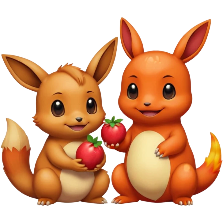 Eevee and Charmander sitting side by side, happily sharing a big fruit together. Both look joyful and friendly, drawn in a playful emoji-like cartoon style. emoji