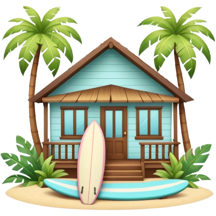 Hawaiian bungalow house, pastel colors, wooden porch, surfboard leaning on wall, palm leaves, tropical vibe, cute mobile game icon style, 3D cartoon, clean background, no text
 emoji