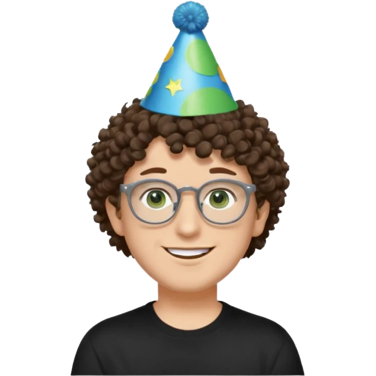 A white guy with curly brown hair and green eyes with a happy face, and wear square black glasses.He’s also got a full silver birthday party hat on his head with blue pom poms on top of it, and his T-shirt is all black, he wears a little gold circle earrings on his left  emoji