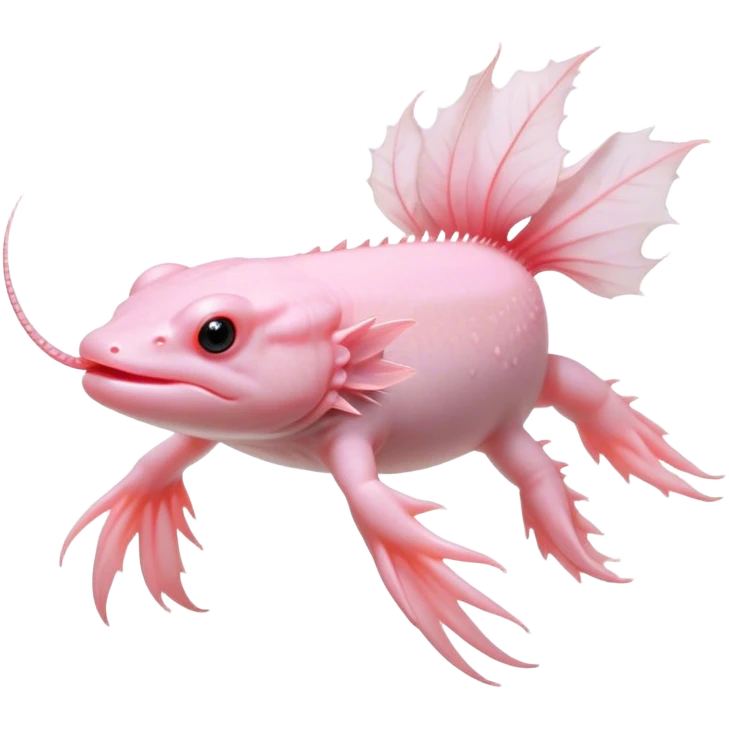 Cinematic Noble Axolotl Portrait Emoji, Poised and regal, with a slender, graceful build and smooth, pale pink skin adorned with feathery external gills, deep-set soulful dark eyes, Simplified yet sharp and sophisticated features, highly detailed, glowing with a soft, ethereal glow, high shine, intelligent and enigmatic, stylized with an air of aquatic elegance, focused and attentive, soft glowing outline, capturing the essence of a watchful and mystical creature, so majestic it feels as though it could glide out of the screen with effortless authority! emoji