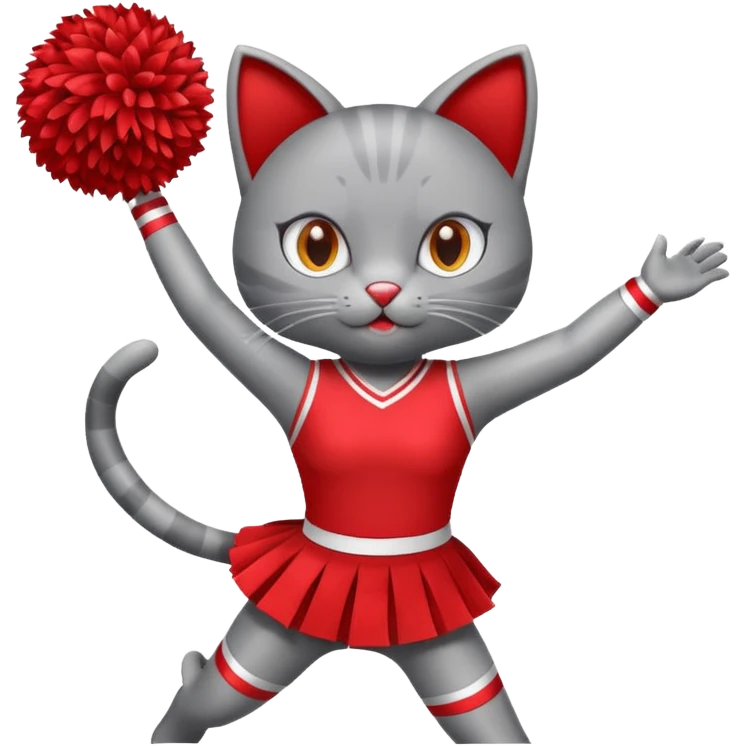 A sleek grey cat cheerleader twirling pom-poms with confident energy. emoji