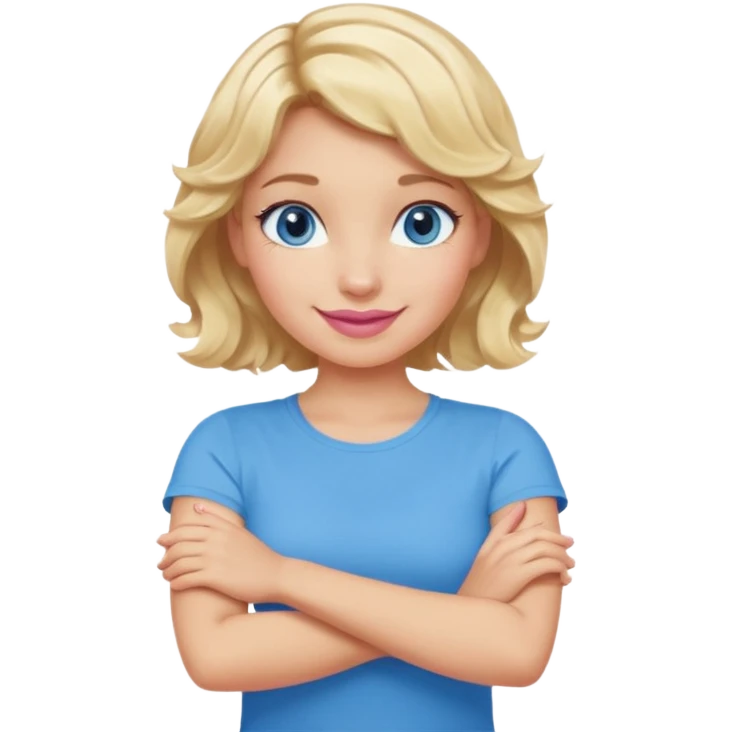 Girl Blonde short wavy hair,  blue eyes, cute blue top, long lashes, pink lips, smiling, making cross arms with arms  emoji