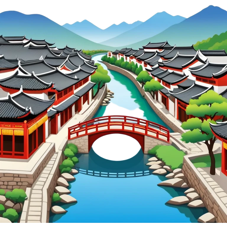 Lijiang Ancient Town Yunnan with canals and bridges, simplified emoji style with bold outlines and bright colors, cartoon style traditional Chinese old town emoji