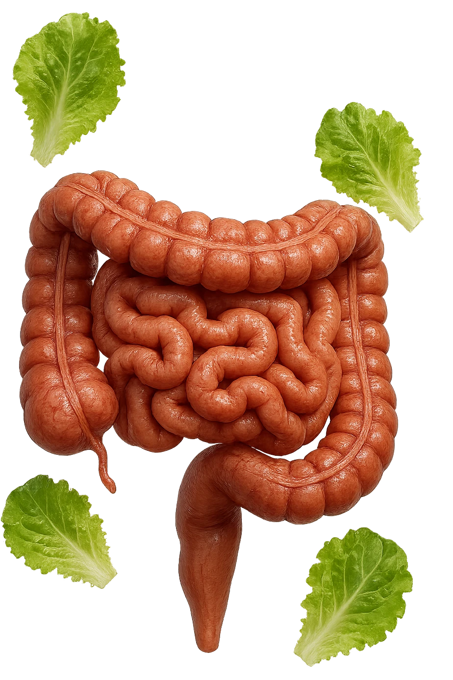 INTESTINO ANATOMICO UMANO REALISTICO INSIEME A FOGLIE DI INSALATA CHE FLUTTUANO IN ARIA, IPERREALISTICO 4K emoji