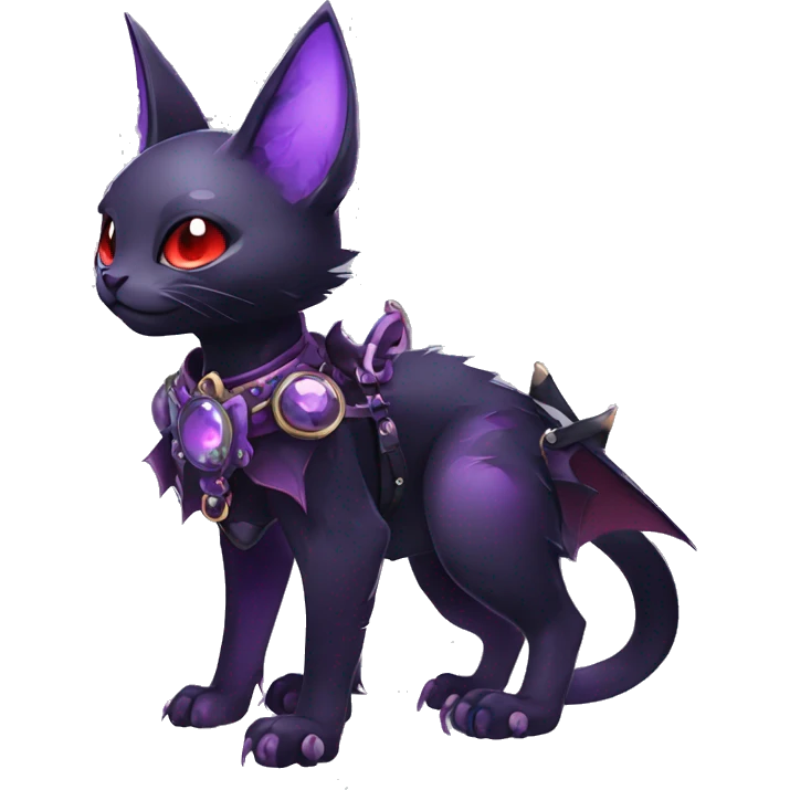 cool kawaii edgy evil black purple red ethereal fantasy beautiful elegant nargacuga-bat-cat-Fakemon wearing legs spats a collar harness with jewelries full body emoji