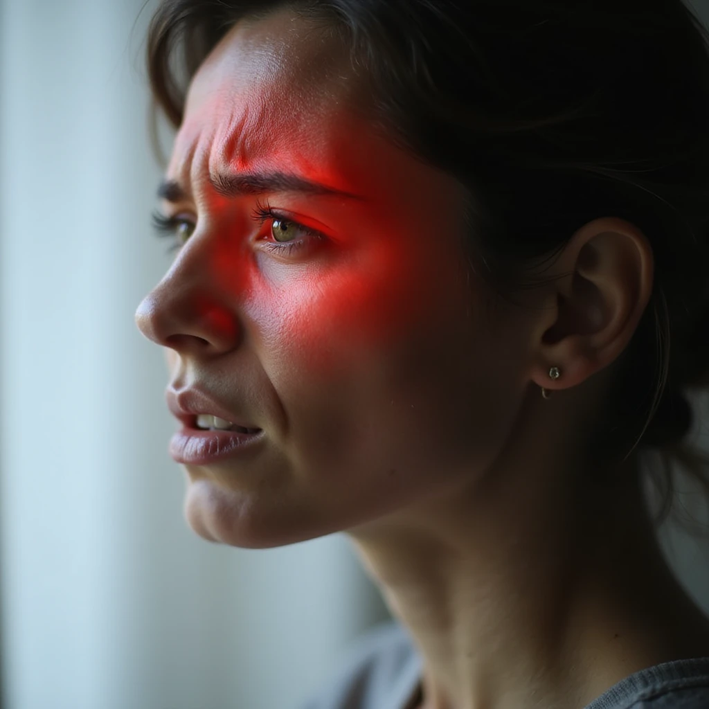 side close-up of a woman's head, temple area highlighted in red, intense pain expression, realistic style, light background emoji