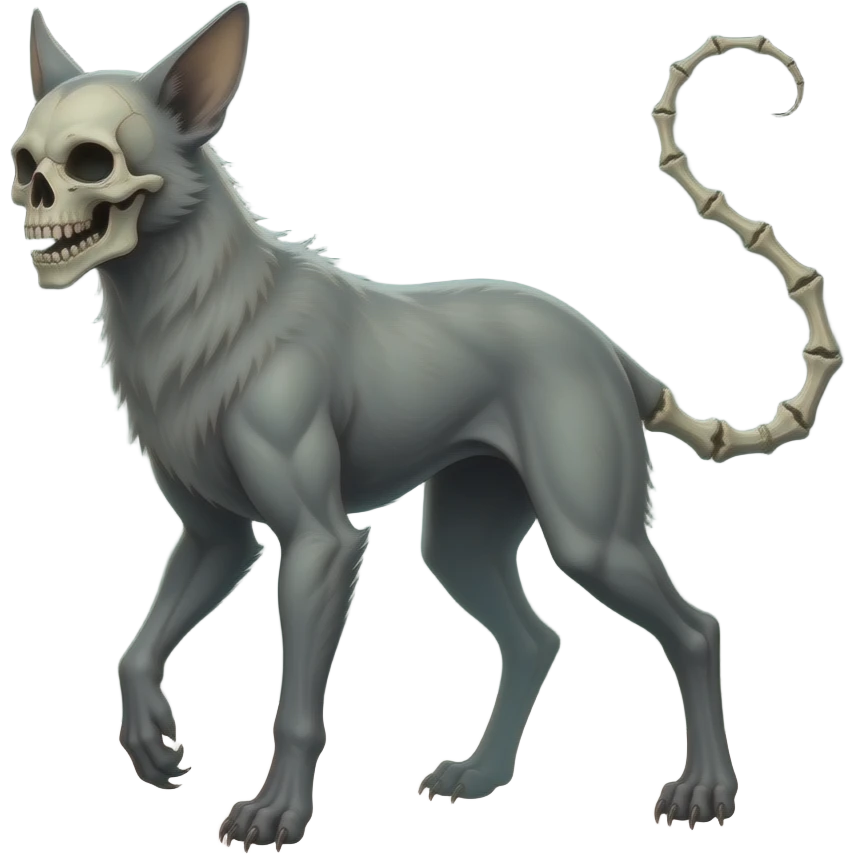 Digitigrade 4-legged spectral spooky dark bleak greyish translucent diaphanous swampy gloomy dark dark-deep-greenish foggy eldritch scary realistic edgy fantasy ghoul-like vernid-sergal-fursona animal creature with a long thin bony tail and skull-face full body emoji
