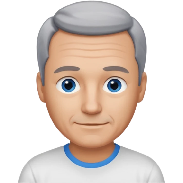 Middle aged man with tanned skin, little black to grey hair, receding hairline and no beard, blue eyes, shy smile emoji