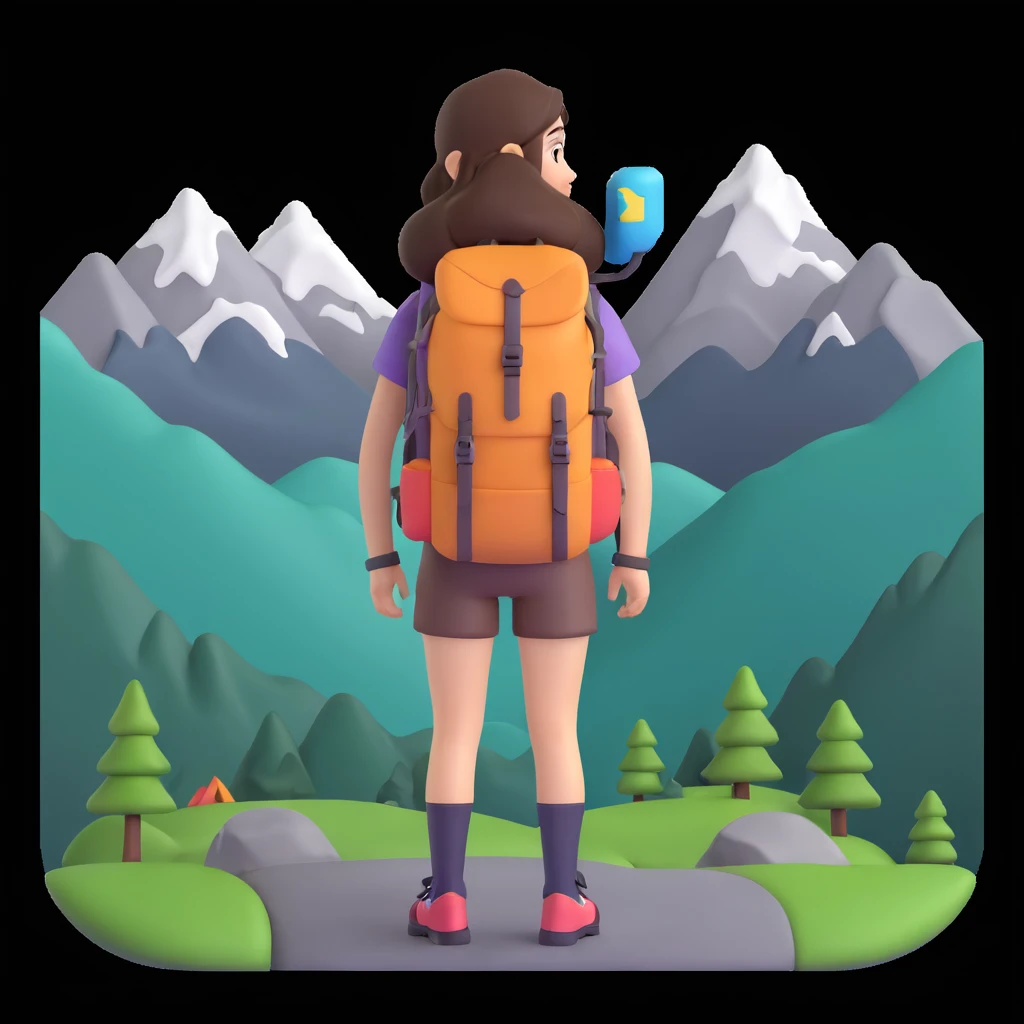girl back packing mountains in background, close up pose emoji