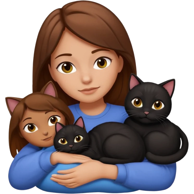 white girl with brown hair resting two black cats snuggled close emoji style emoji