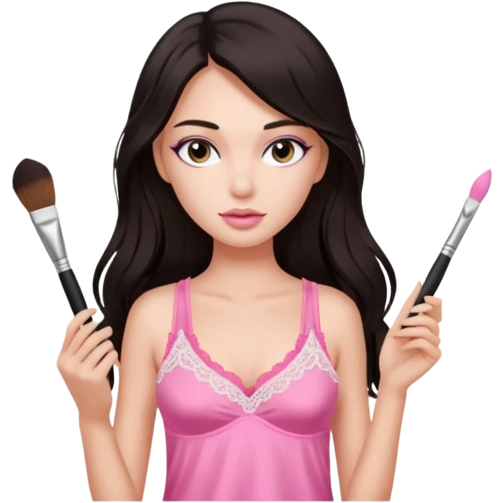 Dark long hair girl wearing pink victorias secret sleepwear that looks like a tank top with lace is holding a normal makeup brush. emoji