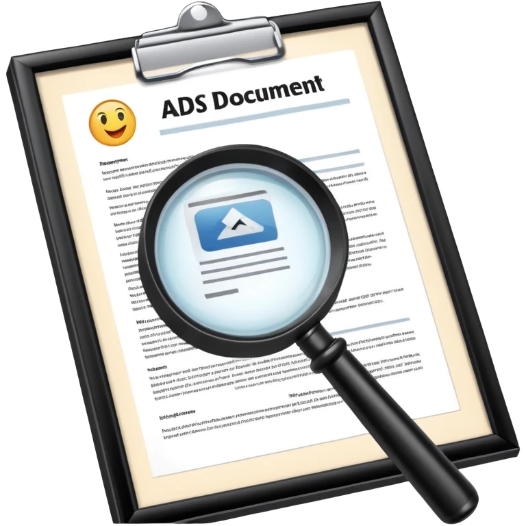 Ads policy document with a magnifying glass examining it emoji