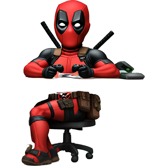 Deadpool holding xbox controller sitting at a desk, front view emoji