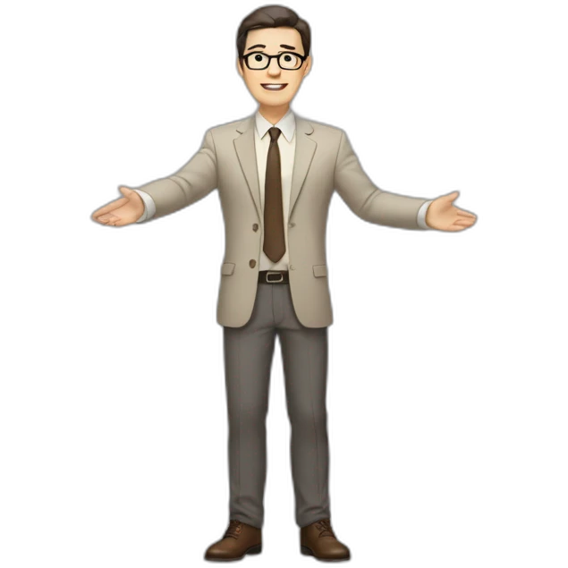 Full height Actively gesturing with hands Pale skinned fit man with dark brown hair in gray jacket, beige office shirt, brown tie, brown pants and vintage glasses. emoji