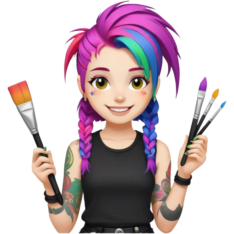 artist-girl with rainbow hair and brushes in black punk-clothing smiling emoji