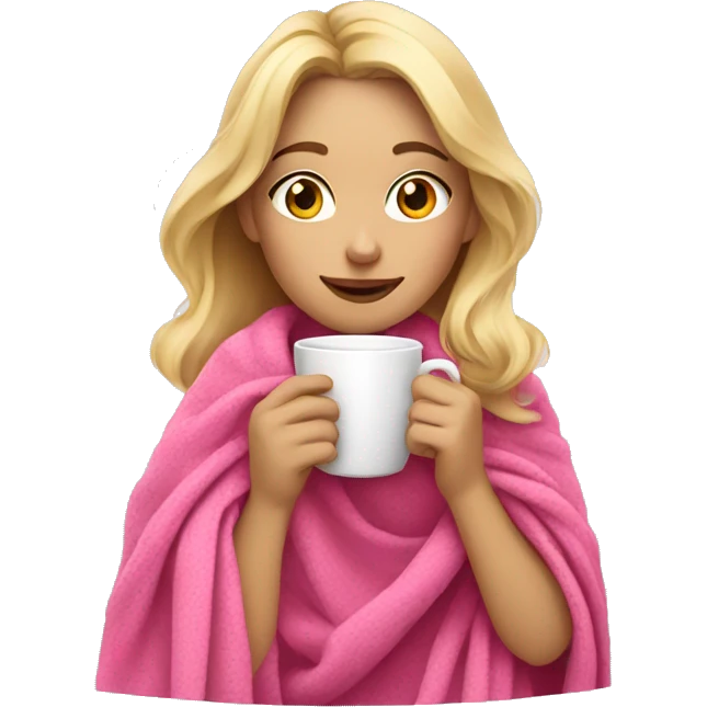 a blonde girl drinking coffee with a pink blanket around her shoulders emoji