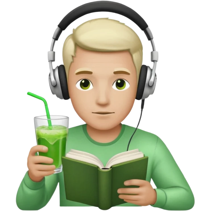 Male with wired white string headphones and green drink reading a book emoji