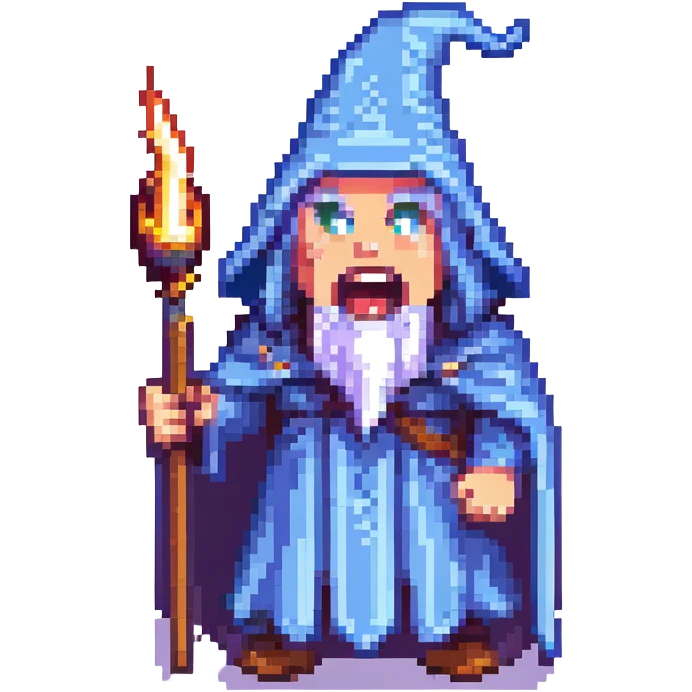 8-bit pixel art wizard yelling, vibrant colors, retro video game style emoji