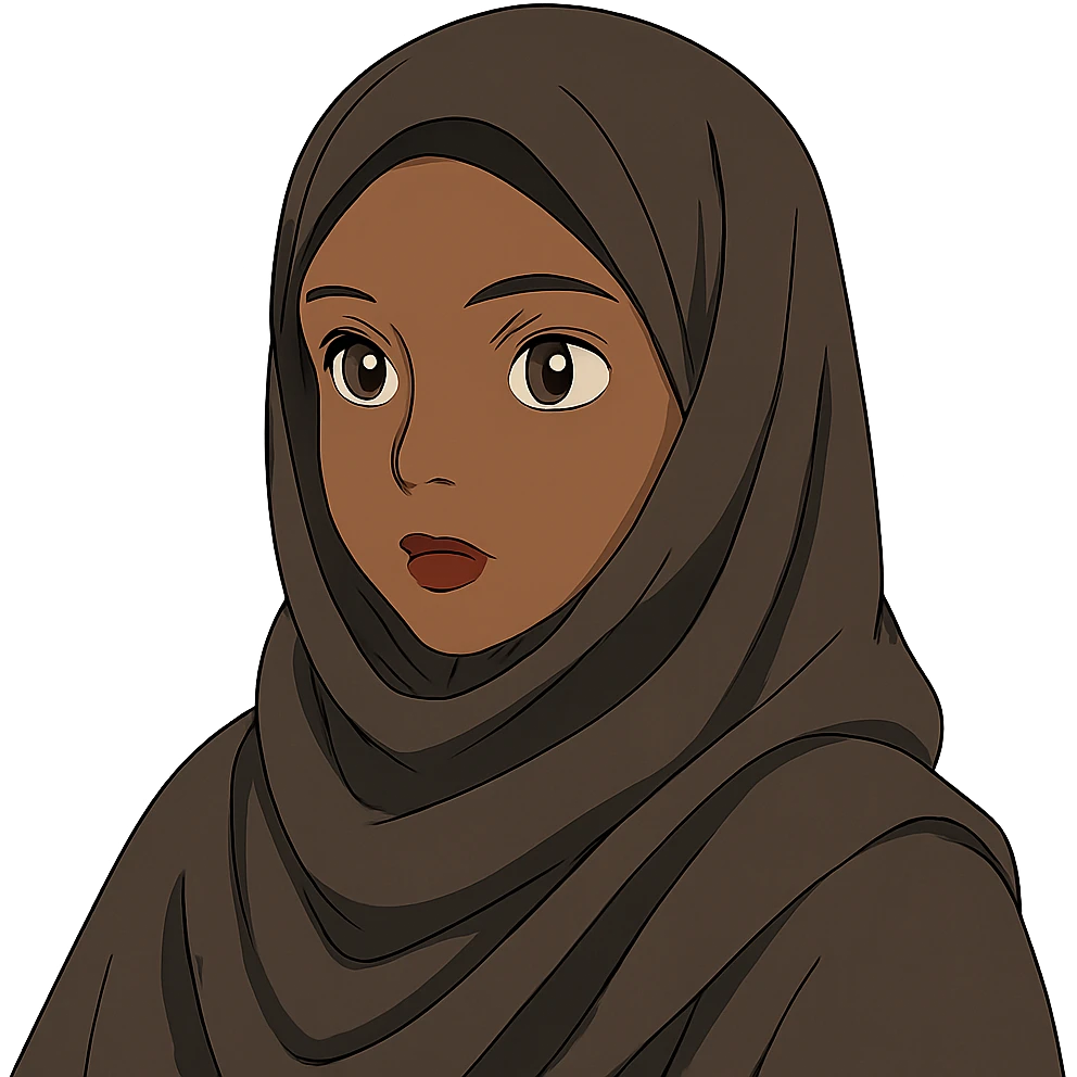 femme noire voilée, beaux yeux expressifs, ambiance intelligente, ghibli style emoji