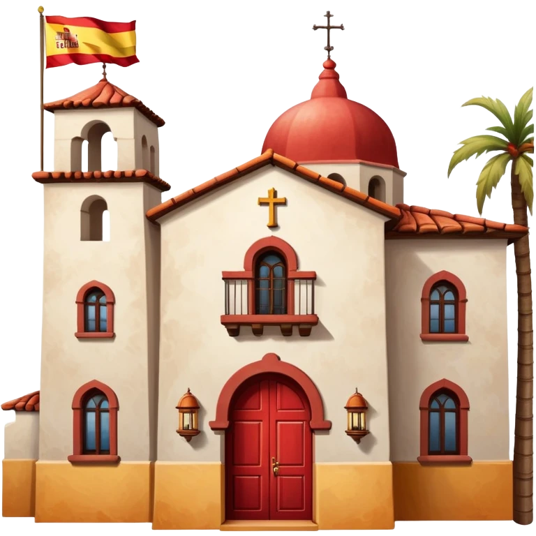 Spanish mission style house with bell tower and arches, displaying a Spanish flag (red-yellow-red horizontal stripes) hanging from a window emoji
