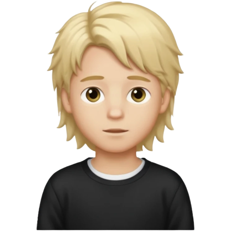 Create a look for a blond boy with long, tousled hair, light eyes, a white sweater, a wealthy appearance, blue eyes, and the hair to the side + black pajama emoji